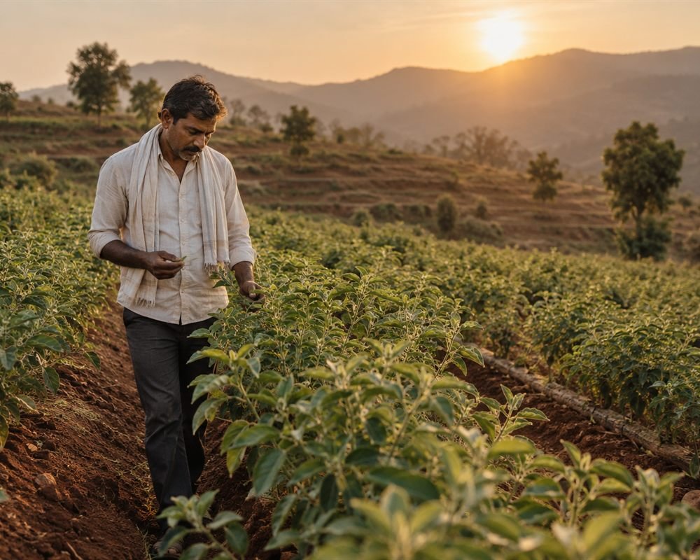 Terraced contract farm with rows of Ashwagandha under cultivation