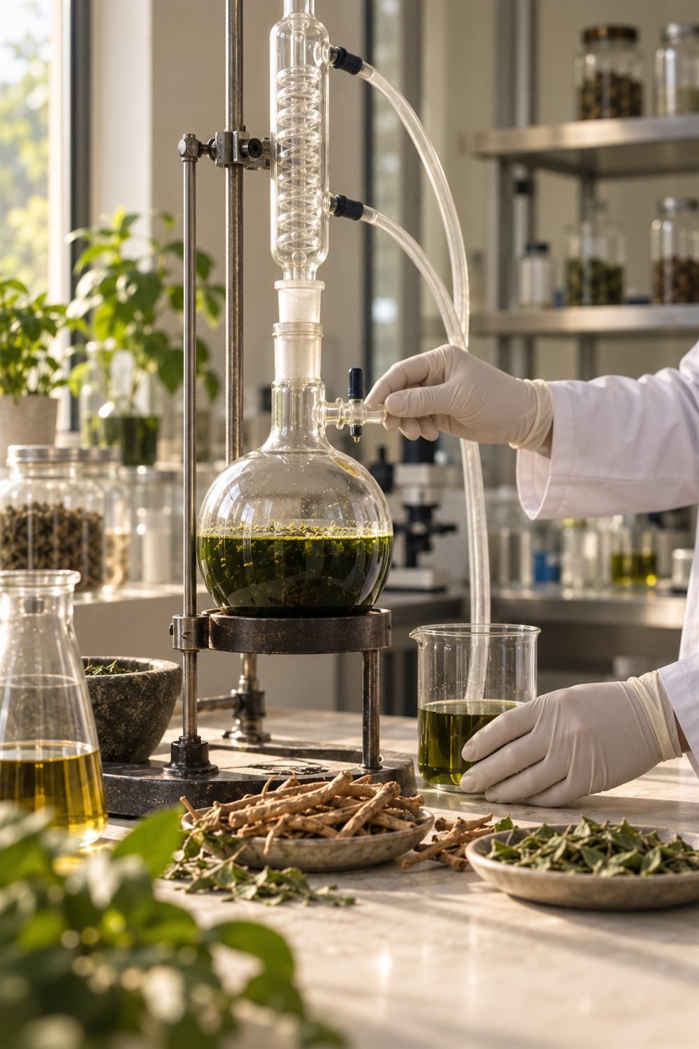 Laboratory bench with herbal extraction glassware