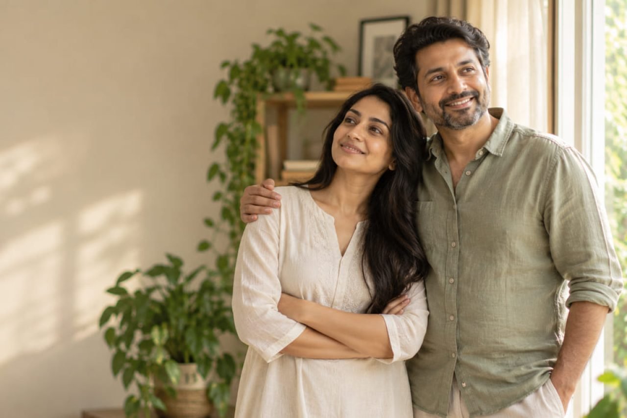 A couple at home in daylight, plants along the wall behind them